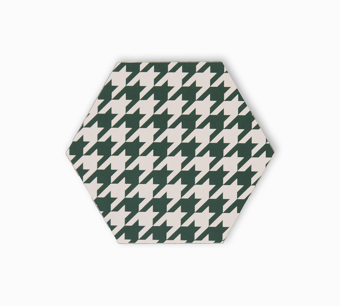 Green and cream houndstooth print hexagonal coaster