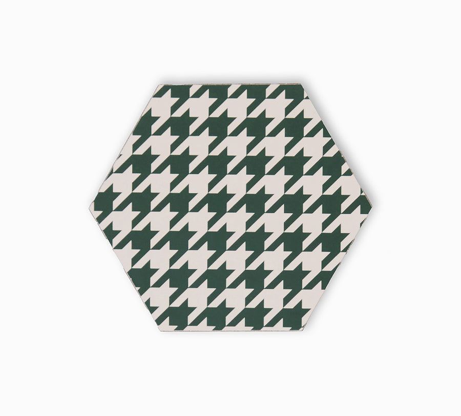 Green and cream houndstooth print hexagonal coaster