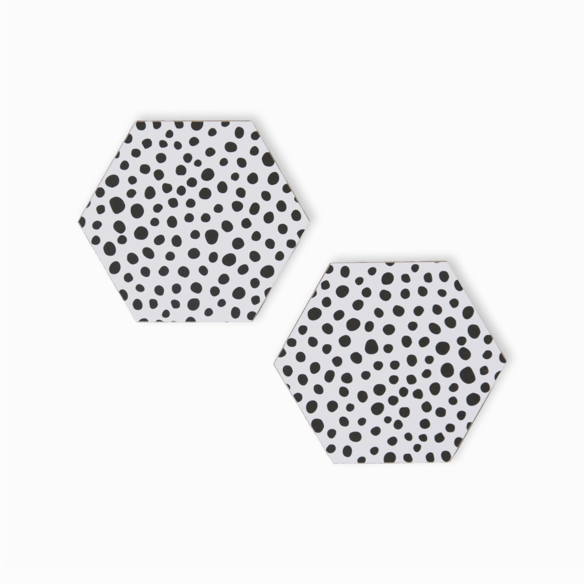 Two two black and white polka dot hexagonal coasters