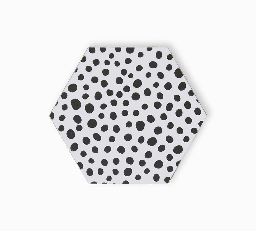 Black and white polka dot hexagonal coaster