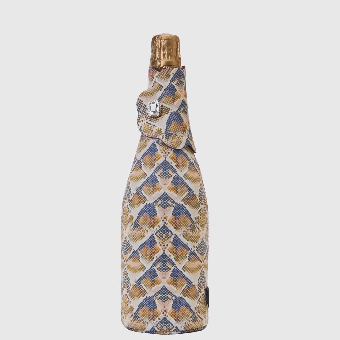 Bottle Couture bottle jacket in Serpent Rise snake print opening and closing to show fit and structure