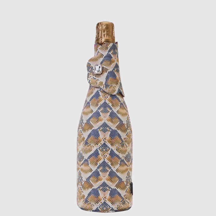 Bottle Couture bottle jacket in Serpent Rise snake print opening and closing to show fit and structure