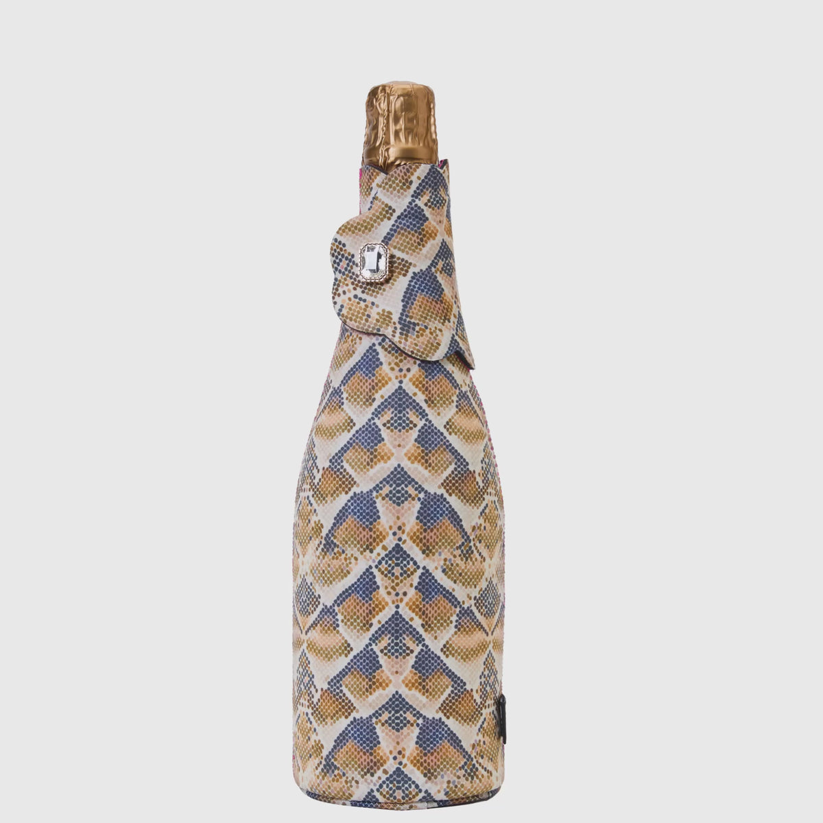 Bottle Couture bottle jacket in Serpent Rise snake print opening and closing to show fit and structure