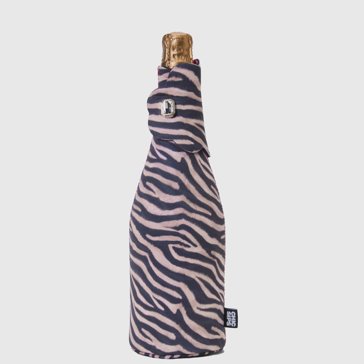 Bottle Couture bottle jacket in Nocturne zebra print opening and closing to show fit and structure