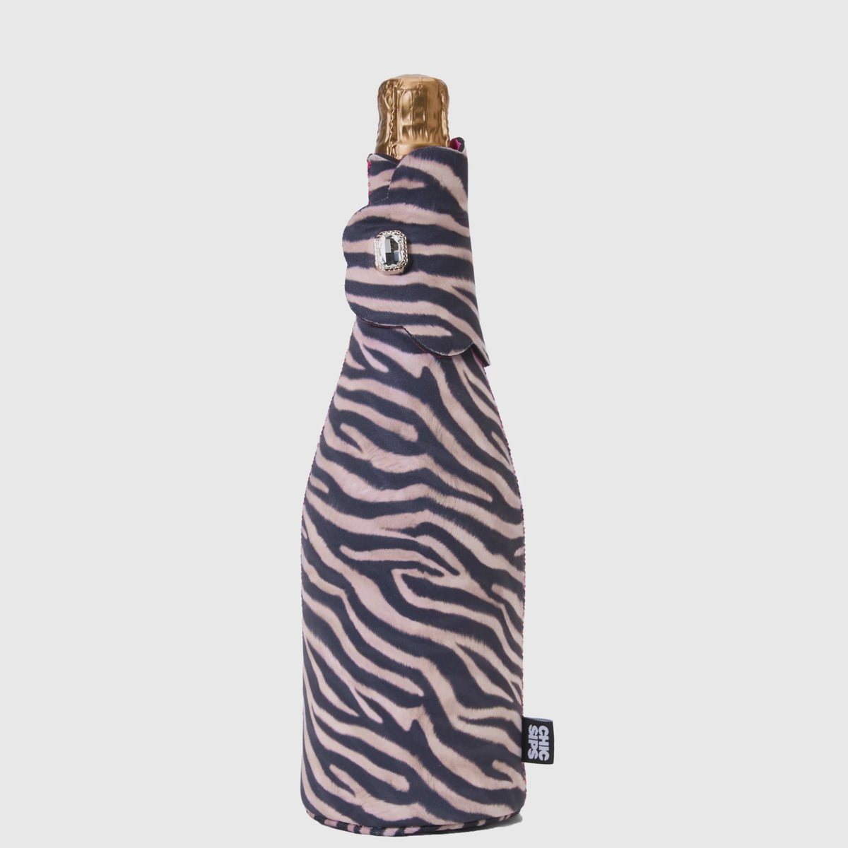 Bottle Couture bottle jacket in Nocturne zebra print opening and closing to show fit and structure