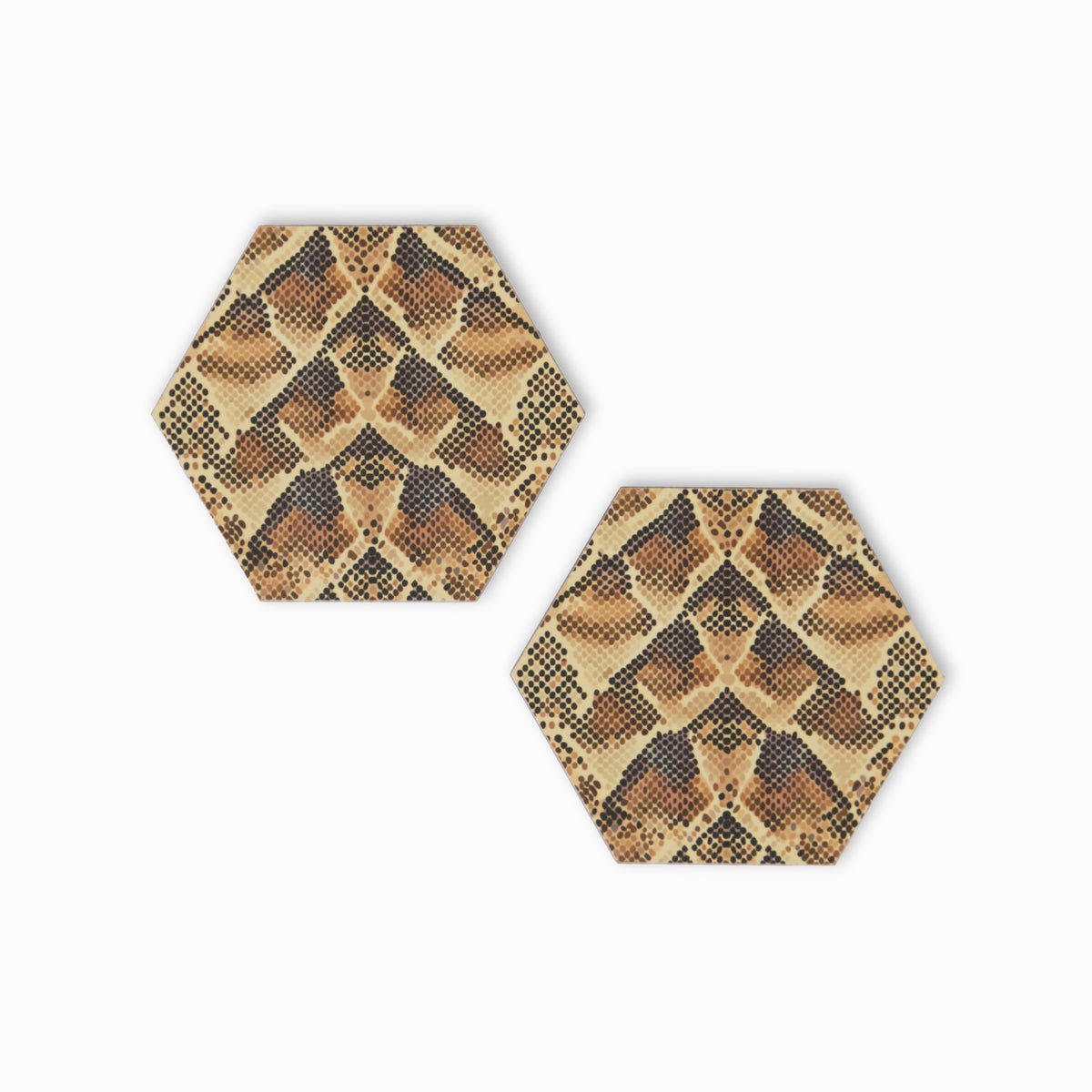 Two snake print hexagonal coasters