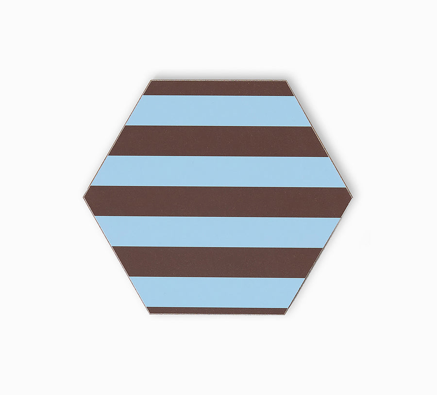 Blue and chocolate stripe print hexagonal coaster