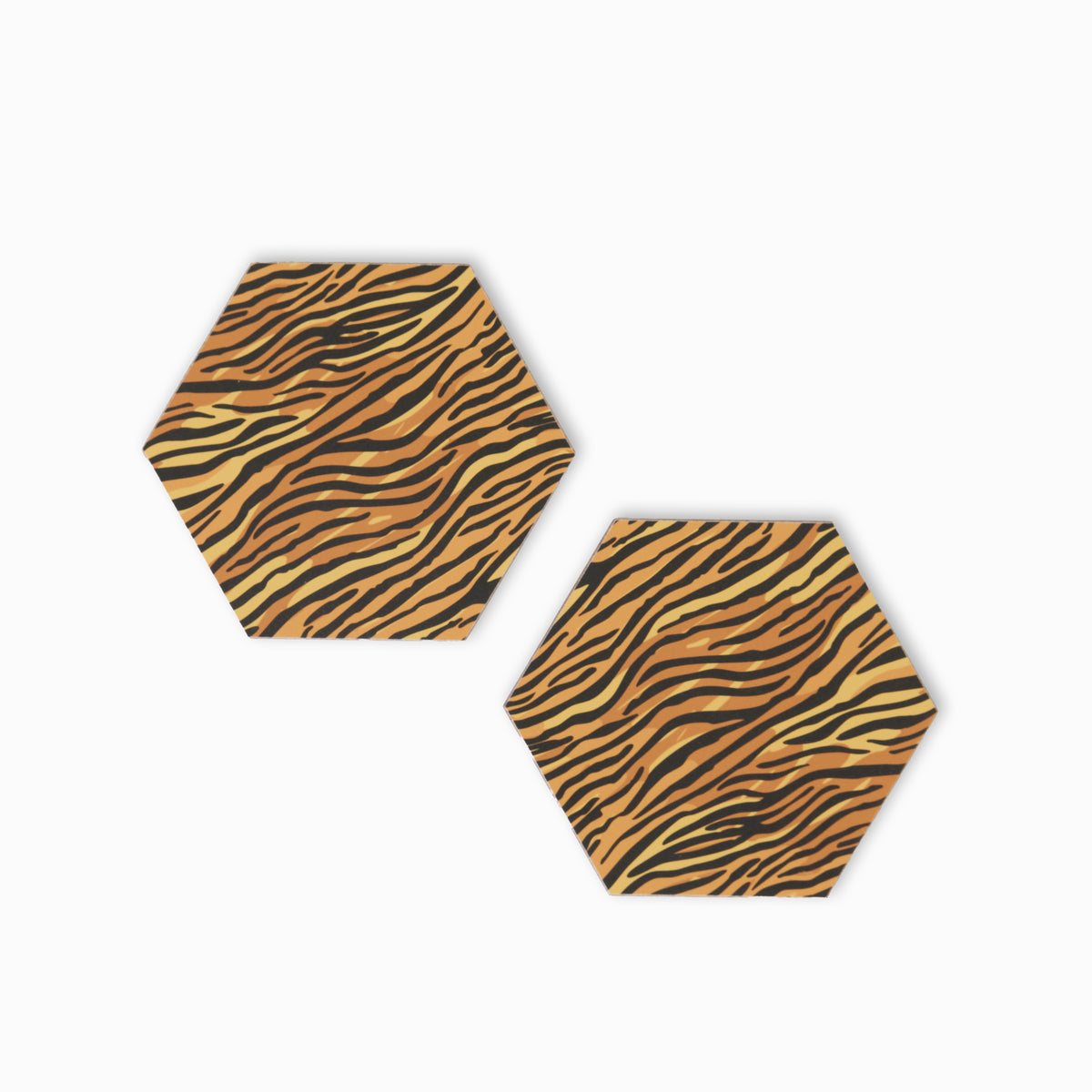 Two tiger print hexagonal coasters 