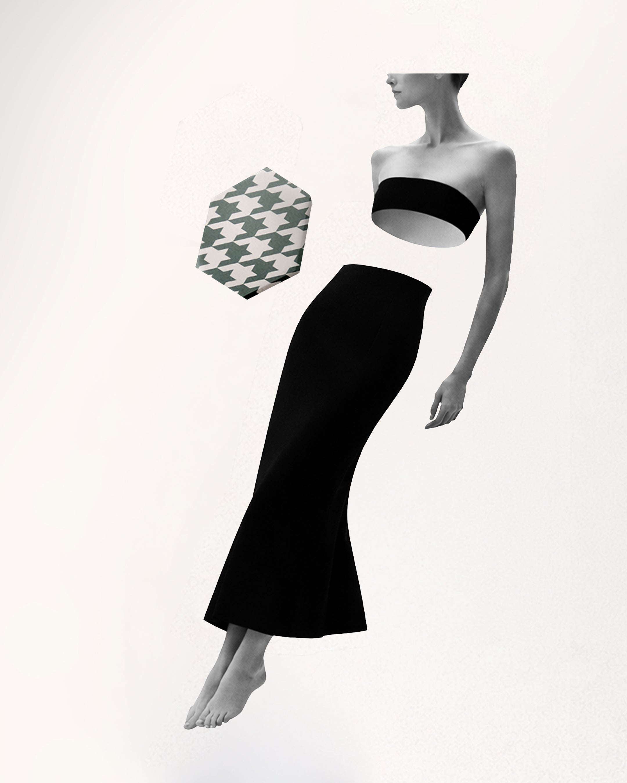 Houndstooth style tile in Harland green next to a floating black and white model
